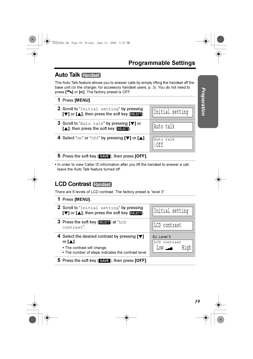 Panasonic KX-TG5230AL operating instructions Off, Low, Programmable Settings Auto Talk Handset, LCD Contrast Handset 