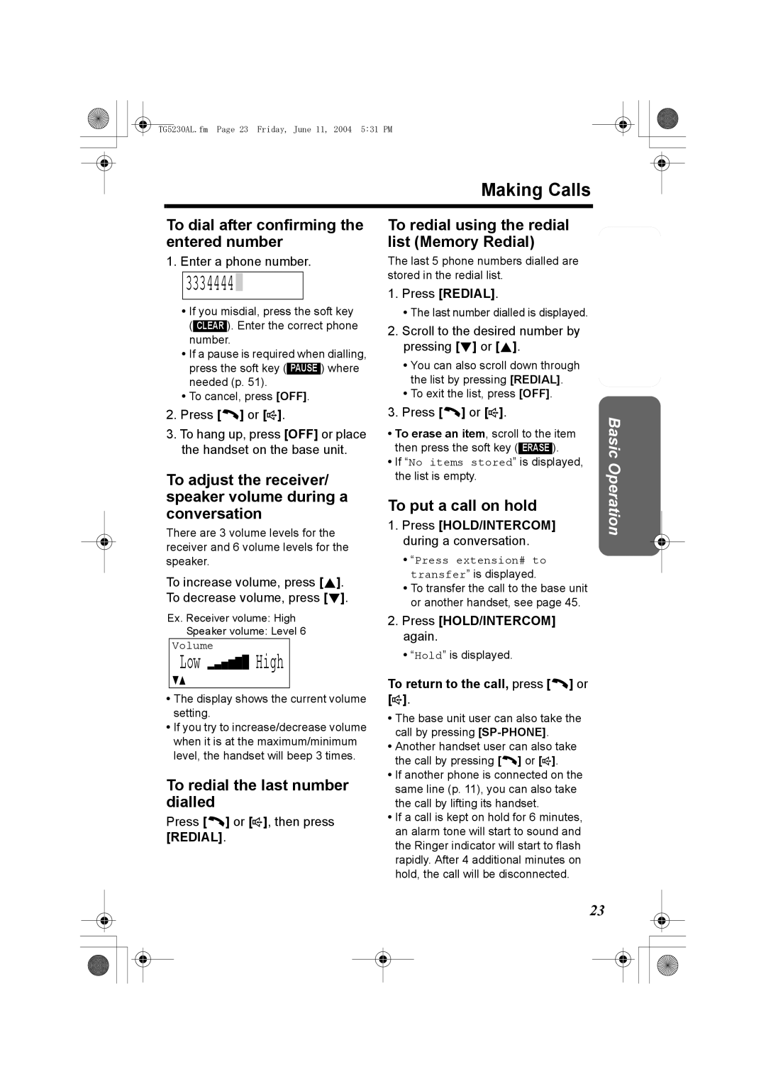 Panasonic KX-TG5230AL operating instructions 3334444, Low High, Making Calls 