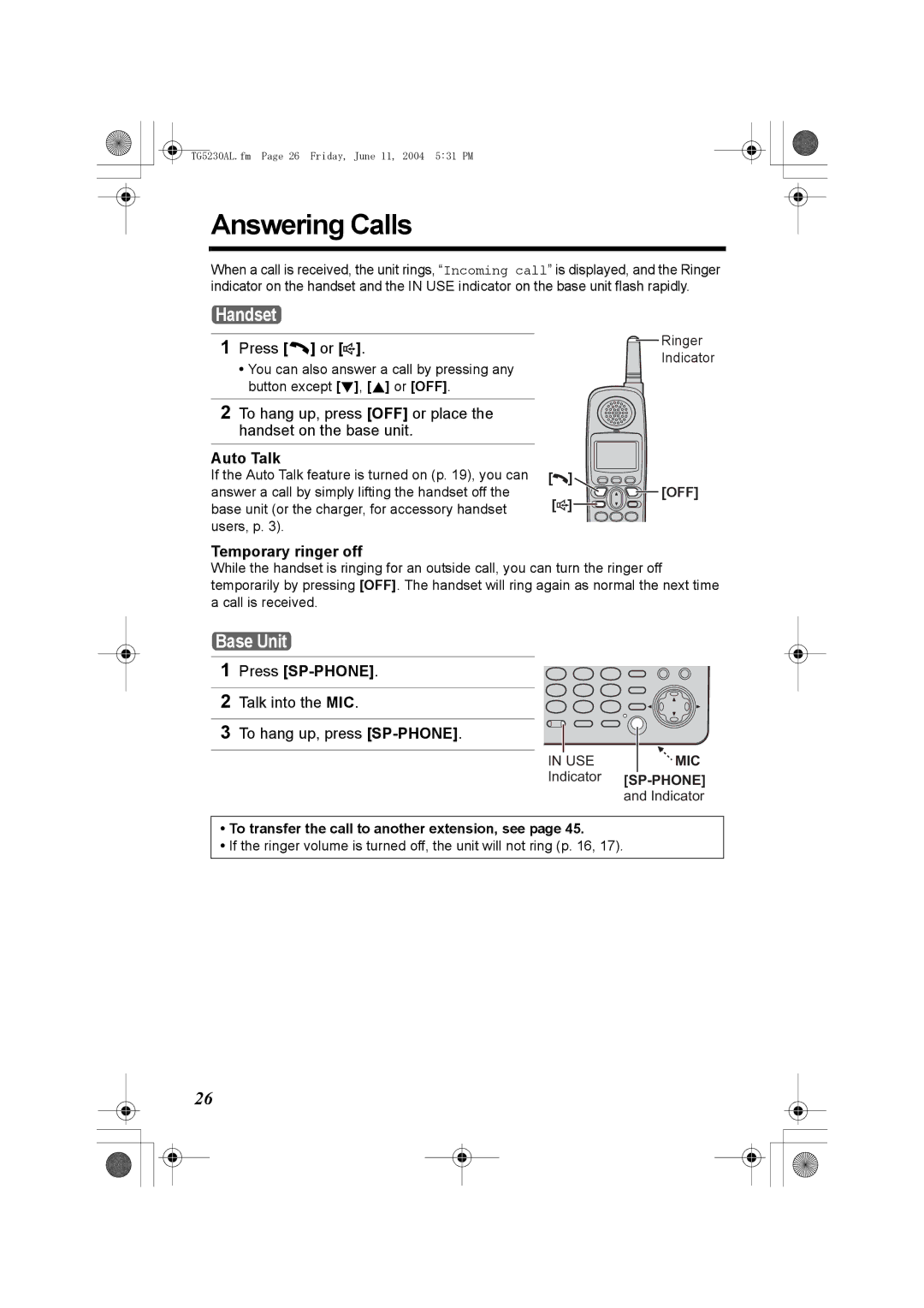 Panasonic KX-TG5230AL Answering Calls, Press C or s, Auto Talk, Talk into the MIC To hang up, press SP-PHONE 