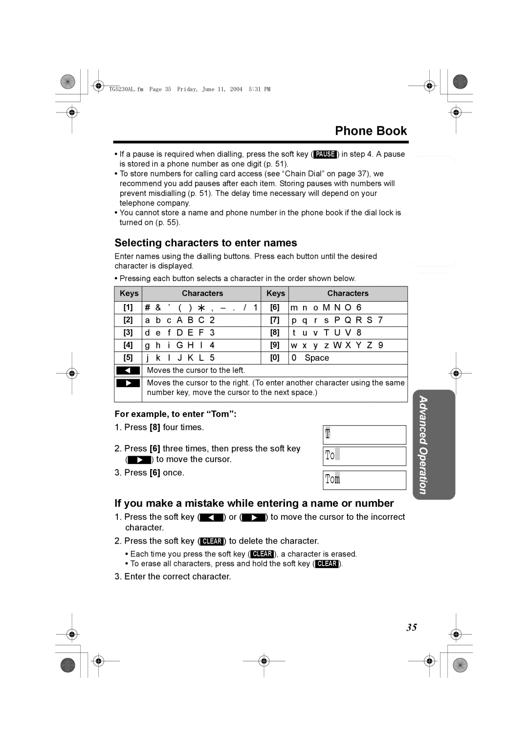 Panasonic KX-TG5230AL operating instructions Phone Book, Selecting characters to enter names, For example, to enter Tom 