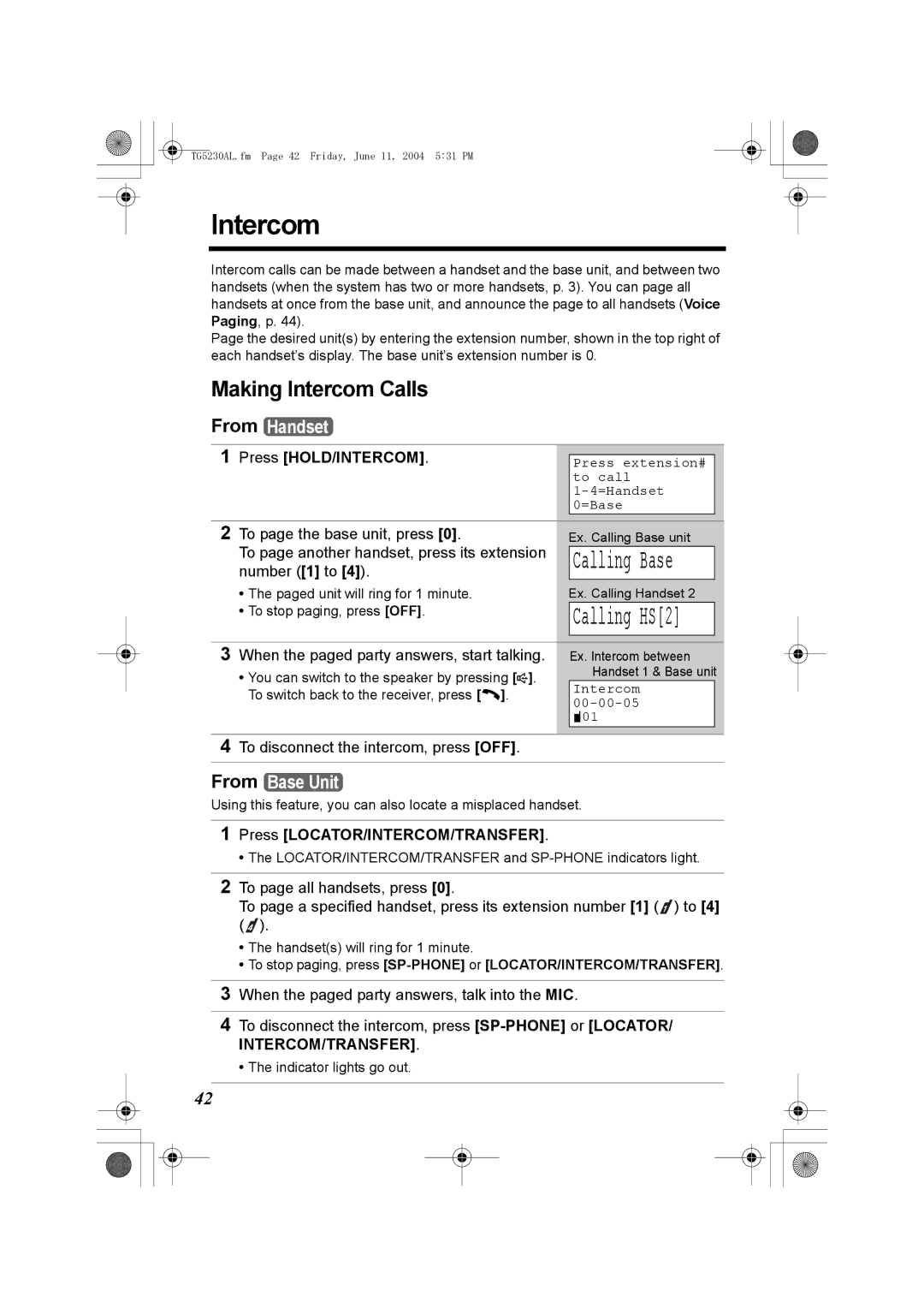 Panasonic KX-TG5230AL Calling Base, Making Intercom Calls, Press HOLD/INTERCOM, Press LOCATOR/INTERCOM/TRANSFER 