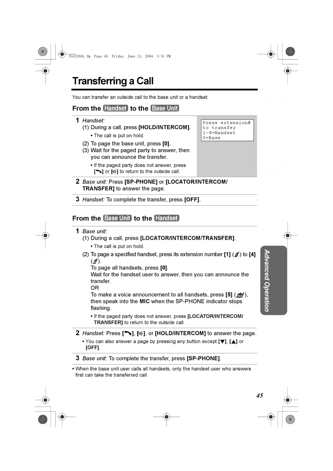 Panasonic KX-TG5230AL operating instructions Transferring a Call, Handset To complete the transfer, press OFF 