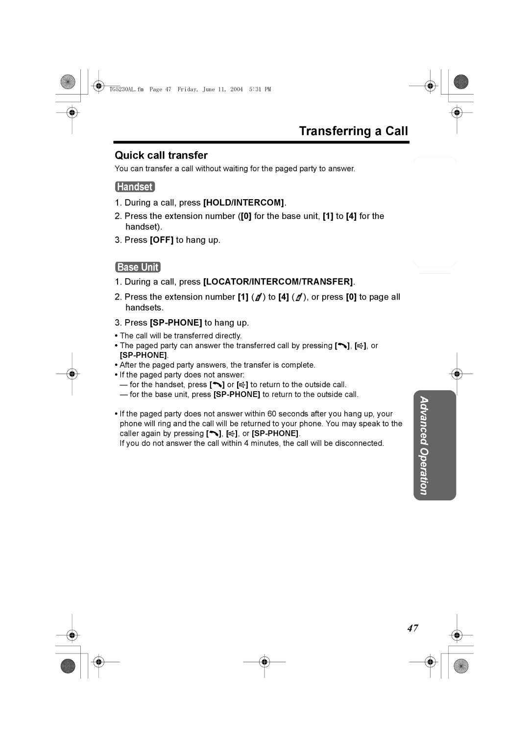 Panasonic KX-TG5230AL operating instructions Quick call transfer 