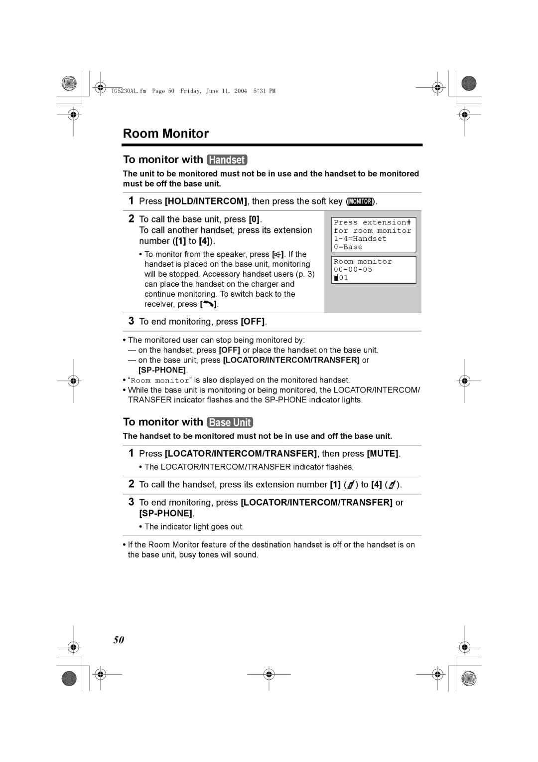 Panasonic KX-TG5230AL Room Monitor, To monitor with Handset, To monitor with Base Unit, To end monitoring, press OFF 