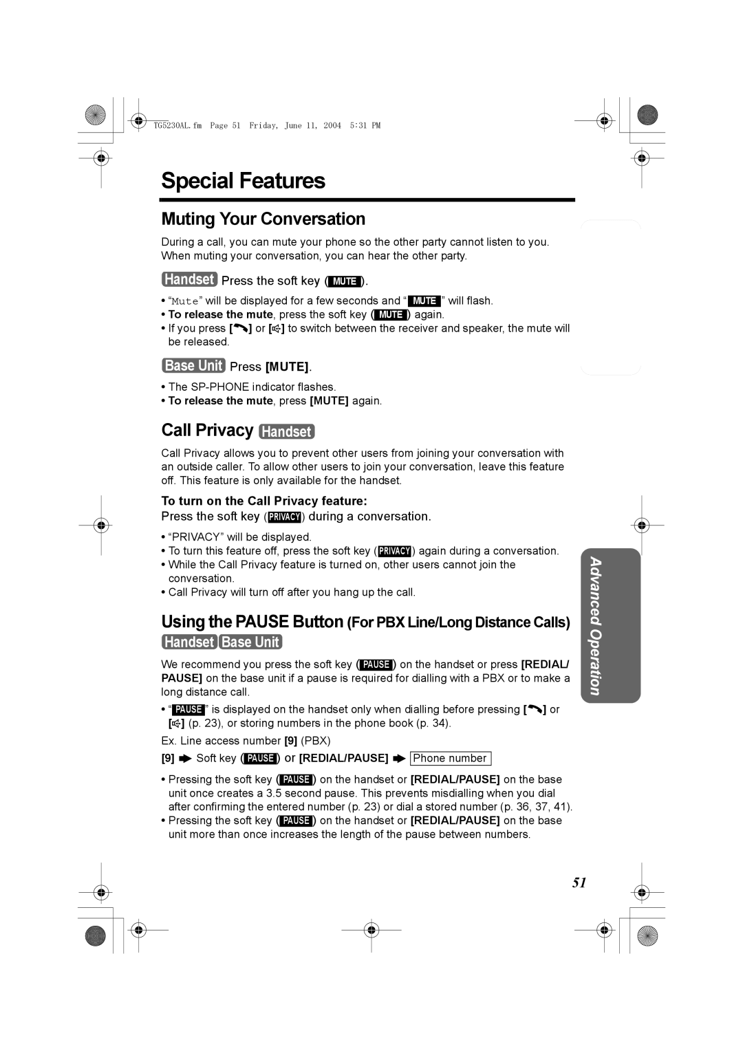 Panasonic KX-TG5230AL operating instructions Special Features, Muting Your Conversation, Call Privacy Handset 