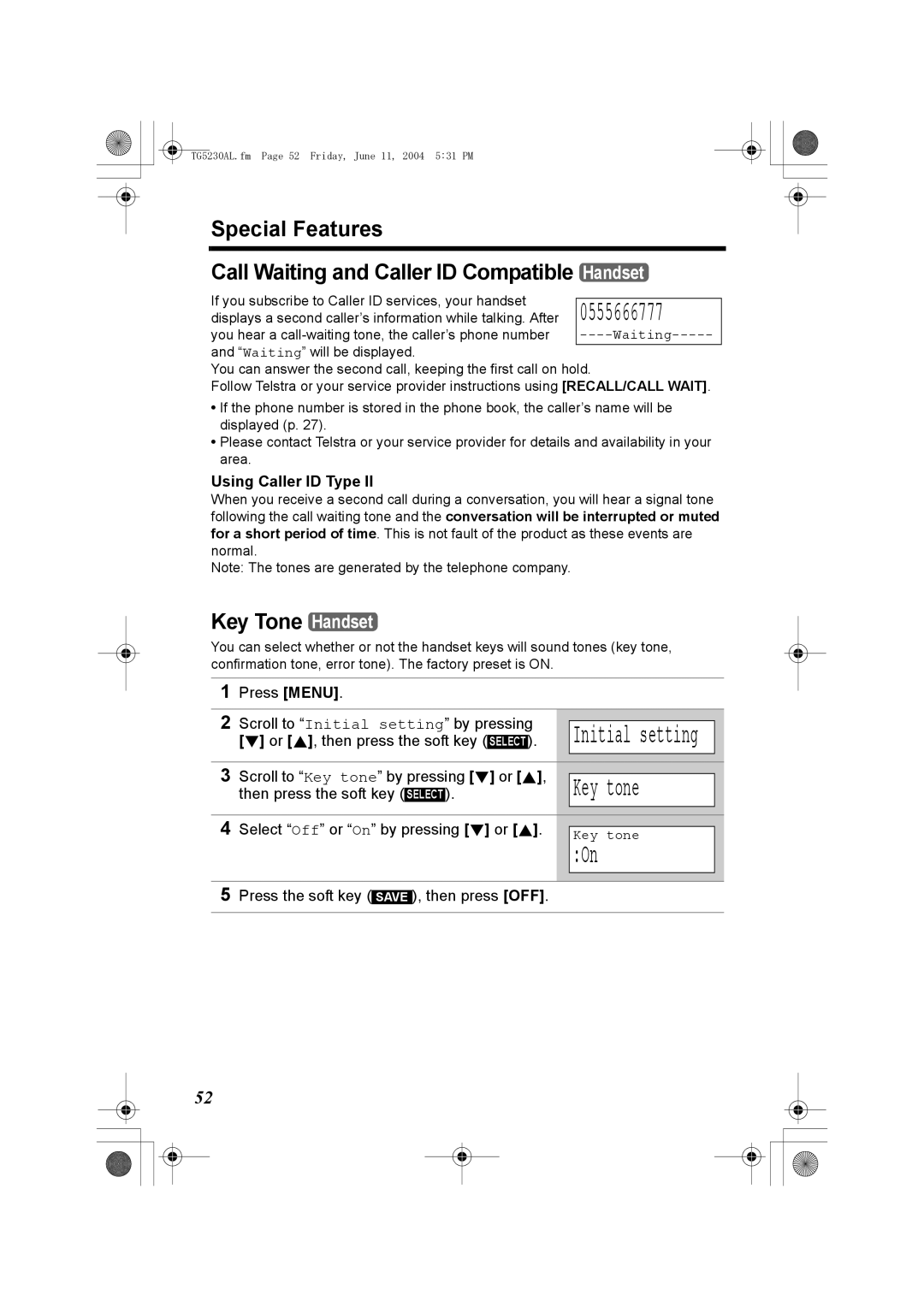 Panasonic KX-TG5230AL operating instructions Key tone, Special Features, Key Tone Handset, Using Caller ID Type 