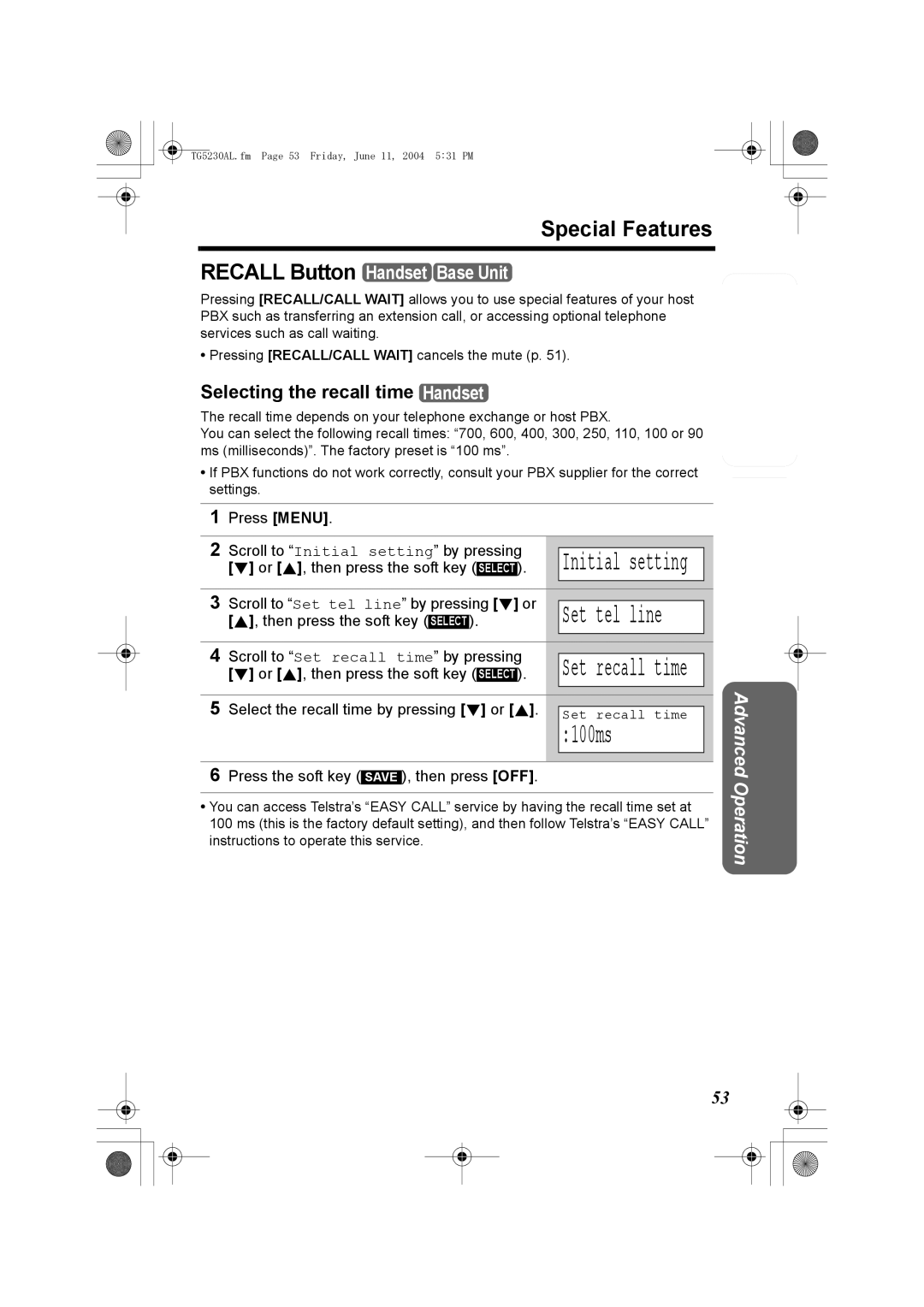 Panasonic KX-TG5230AL 100ms, Selecting the recall time Handset, Scroll to Set recall time by pressing 