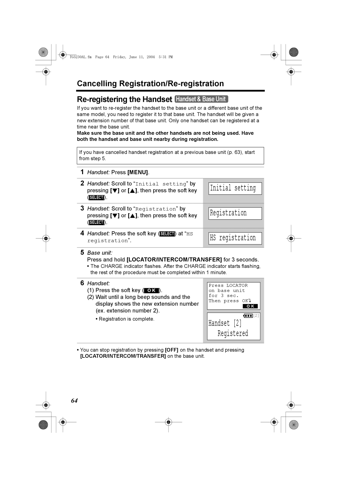 Panasonic KX-TG5230AL Registration, Press and hold LOCATOR/INTERCOM/TRANSFER for 3 seconds, Handset 2 Registered 