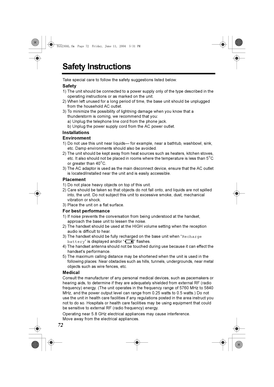 Panasonic KX-TG5230AL operating instructions Safety Instructions 