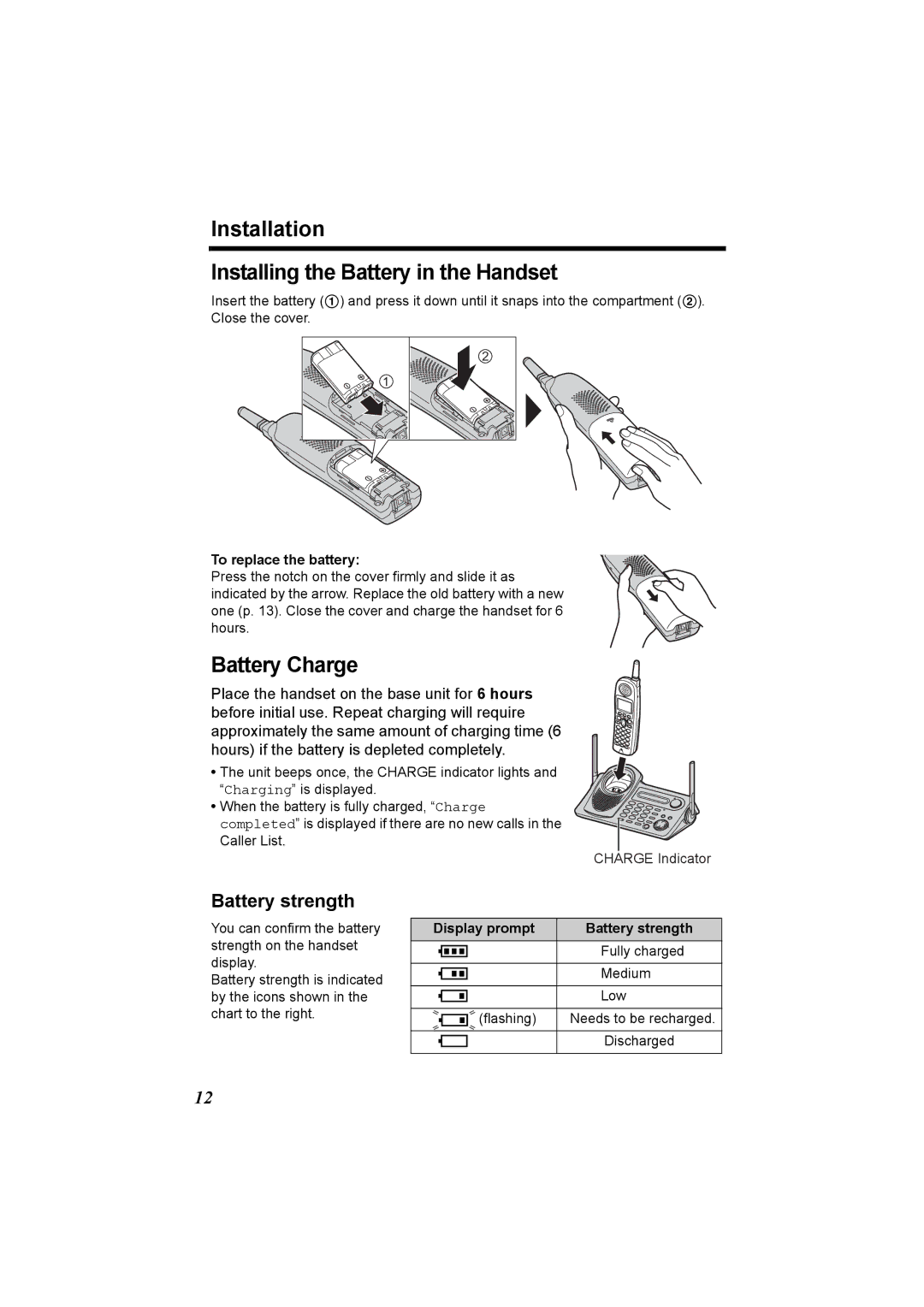 Panasonic KX-TG5230C Installation Installing the Battery in the Handset, Battery Charge, Battery strength 