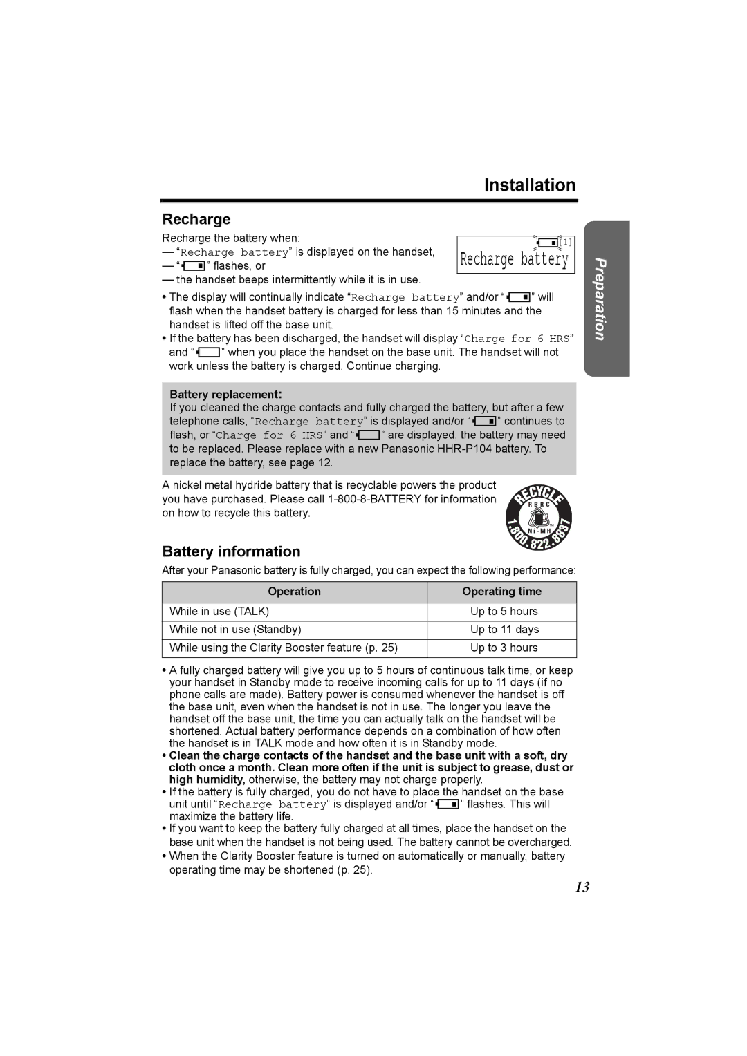 Panasonic KX-TG5230C Installation, Recharge, Battery information, Battery replacement, Operation Operating time 