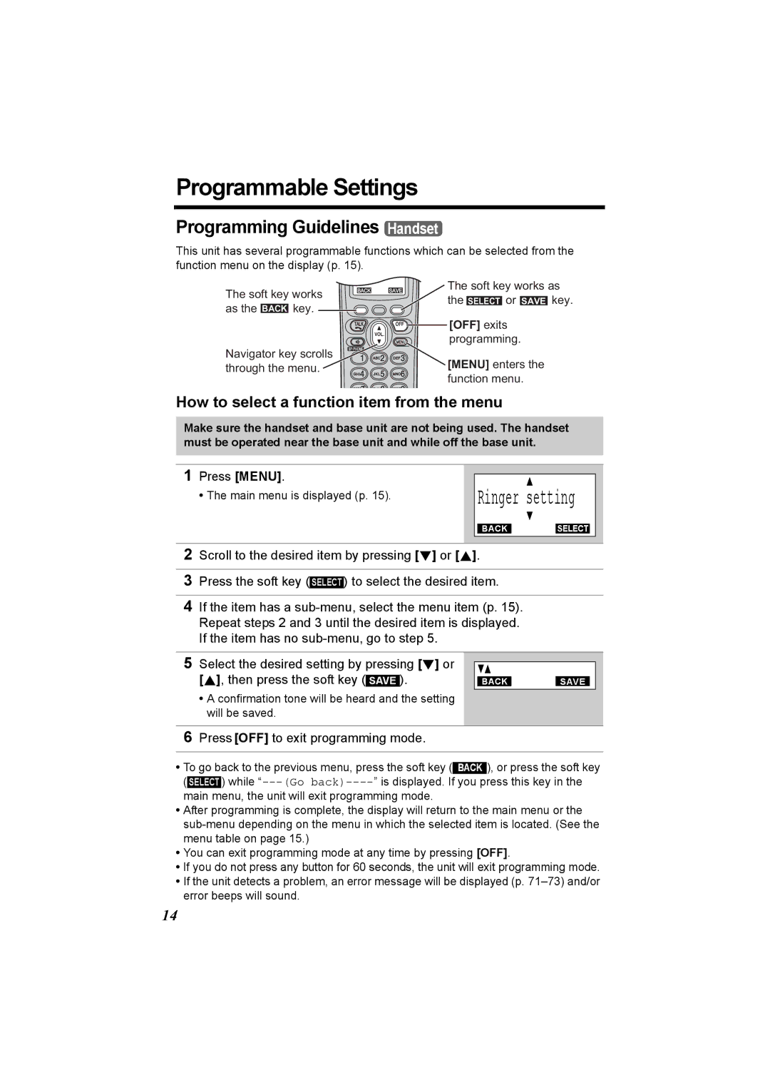 Panasonic KX-TG5230C Programmable Settings, Programming Guidelines Handset, How to select a function item from the menu 