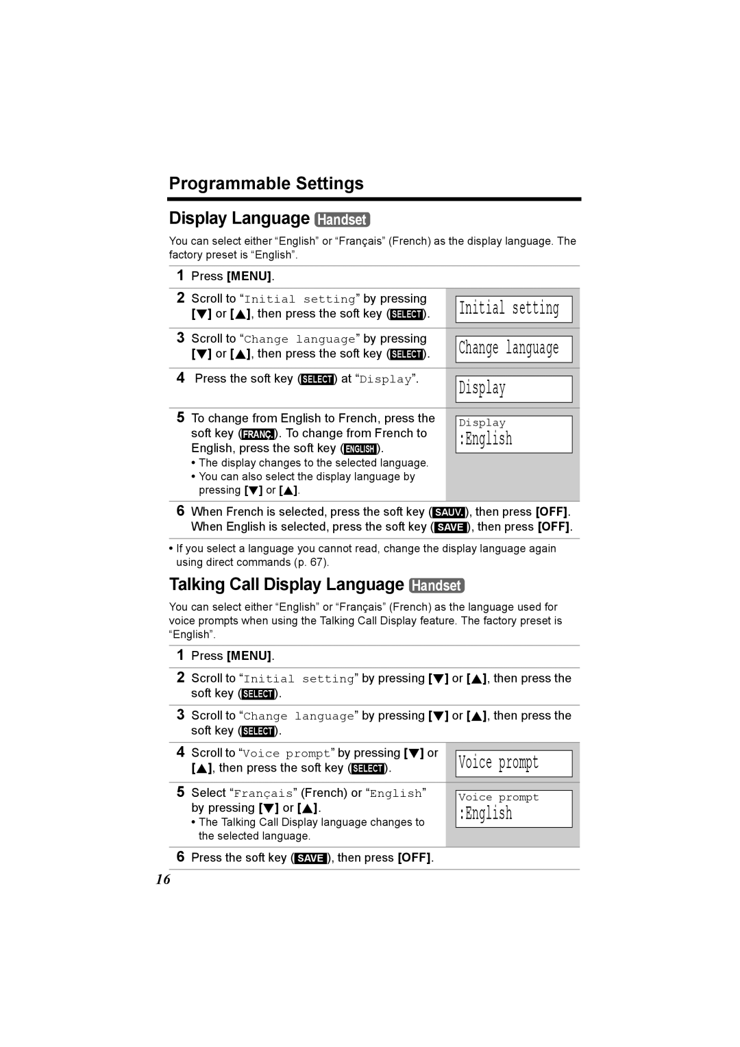 Panasonic KX-TG5230C English, Programmable Settings Display Language Handset, Talking Call Display Language Handset 