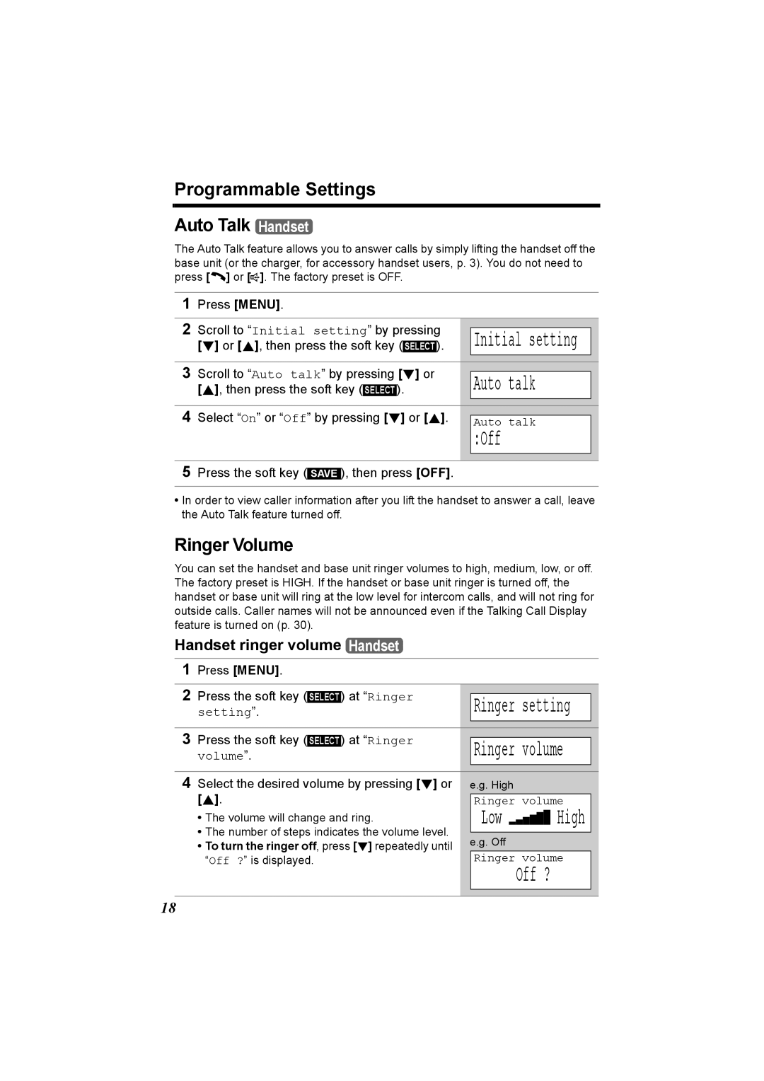 Panasonic KX-TG5230C Off ?, Programmable Settings Auto Talk Handset, Ringer Volume, Handset ringer volume Handset 