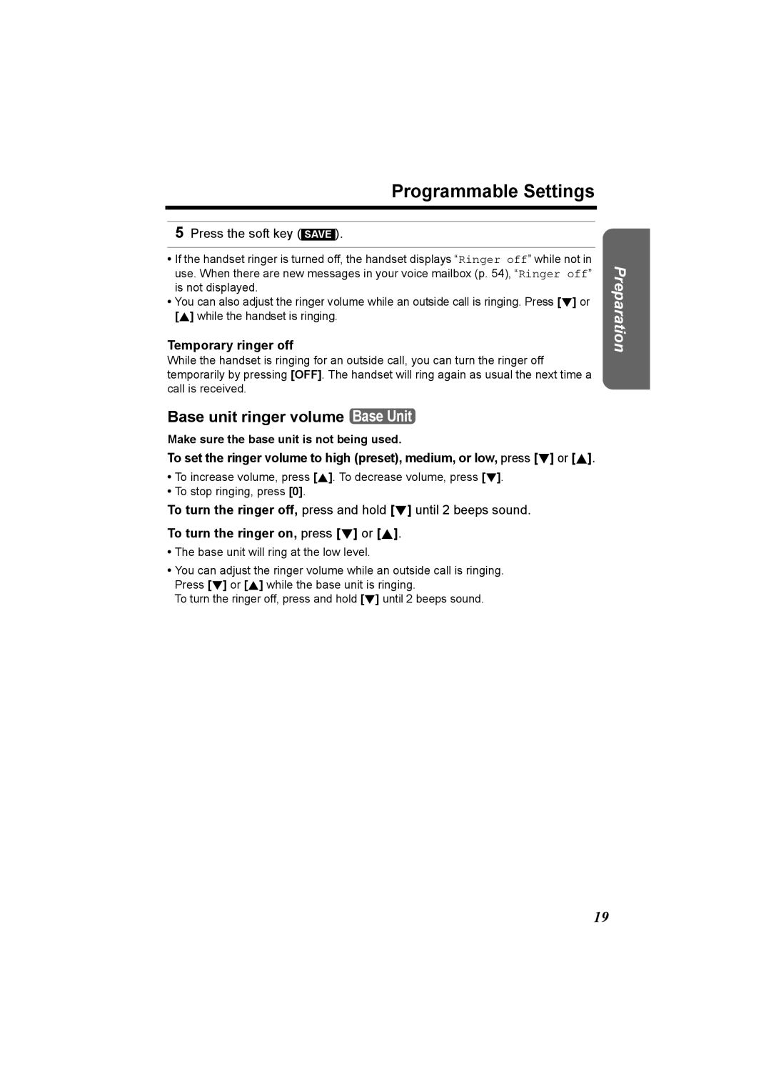 Panasonic KX-TG5230C Programmable Settings, Base unit ringer volume Base Unit, Press the soft key Save 