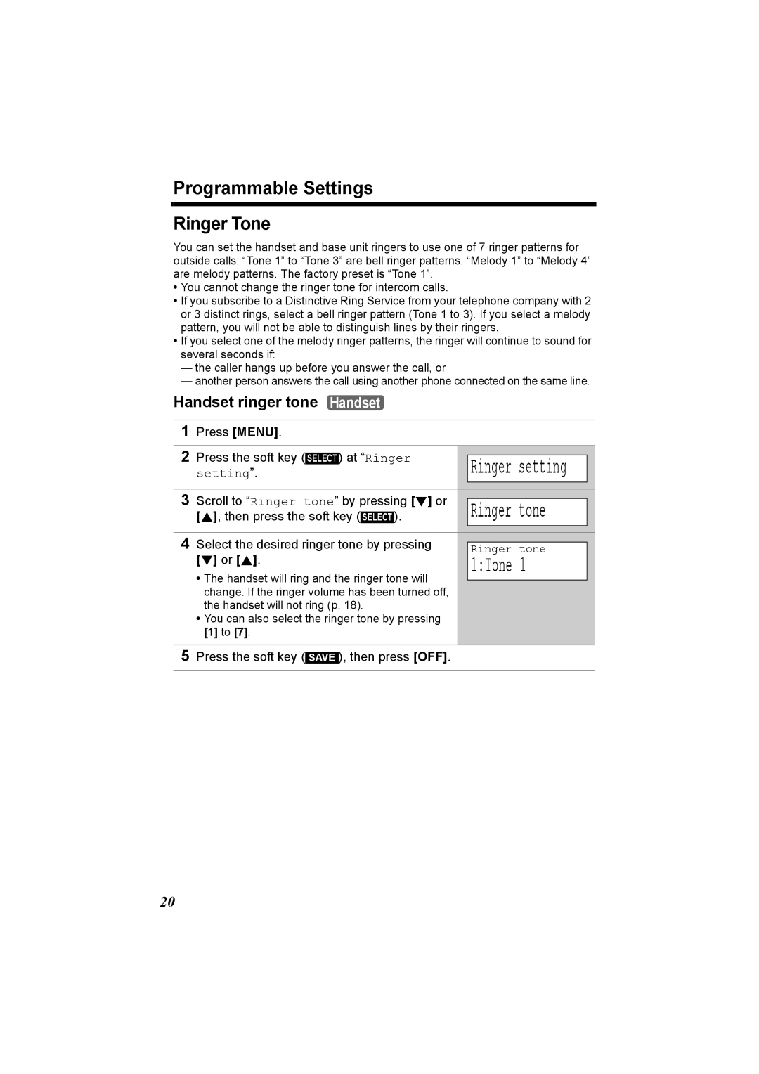 Panasonic KX-TG5230C operating instructions 1Tone, Programmable Settings Ringer Tone, Handset ringer tone Handset 