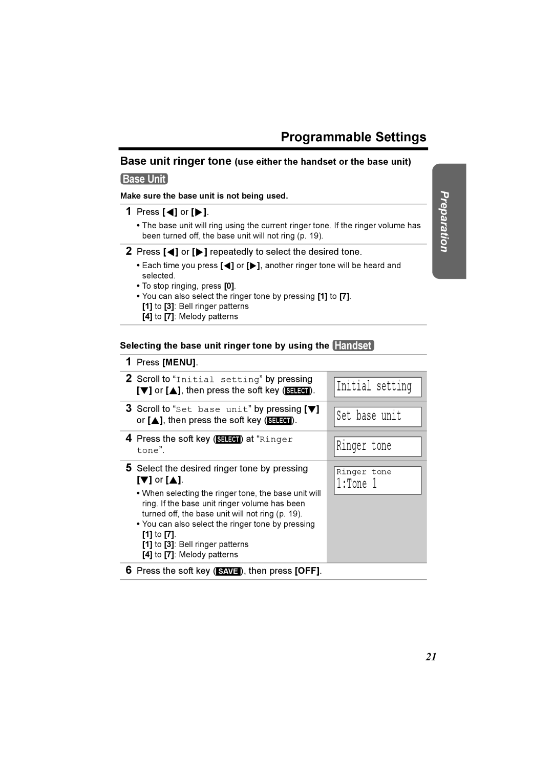 Panasonic KX-TG5230C Press f or g repeatedly to select the desired tone, Scroll to Set base unit by pressing d 