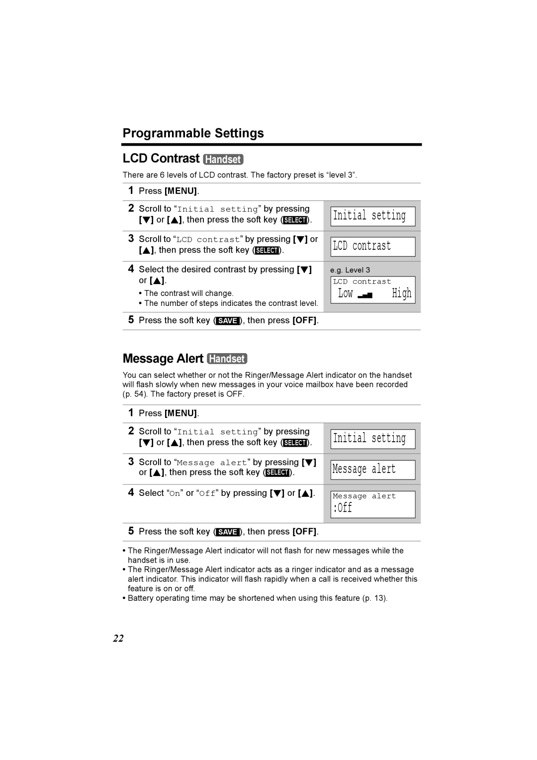 Panasonic KX-TG5230C operating instructions Low, Programmable Settings LCD Contrast Handset, Message Alert Handset 