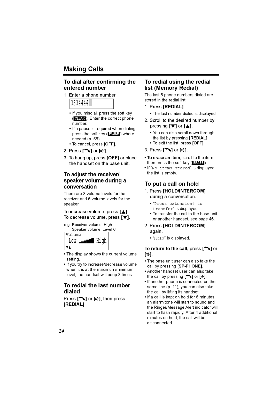 Panasonic KX-TG5230C operating instructions 3334444, Low High, Making Calls 