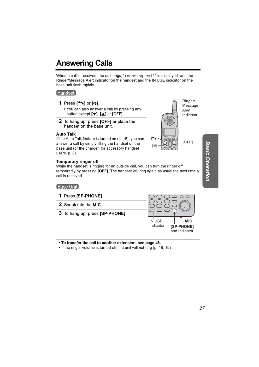 Panasonic KX-TG5230C operating instructions Answering Calls, Auto Talk, Speak into the MIC To hang up, press SP-PHONE 