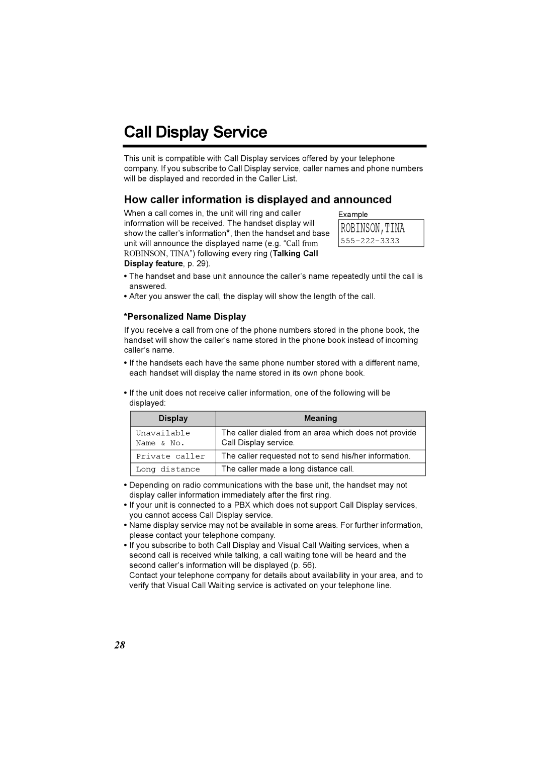 Panasonic KX-TG5230C Call Display Service, How caller information is displayed and announced, Personalized Name Display 