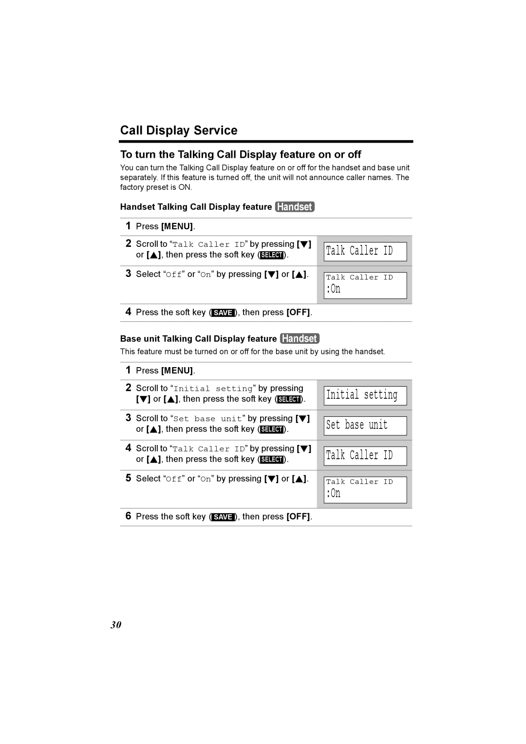 Panasonic KX-TG5230C Call Display Service, To turn the Talking Call Display feature on or off, Talk Caller ID 