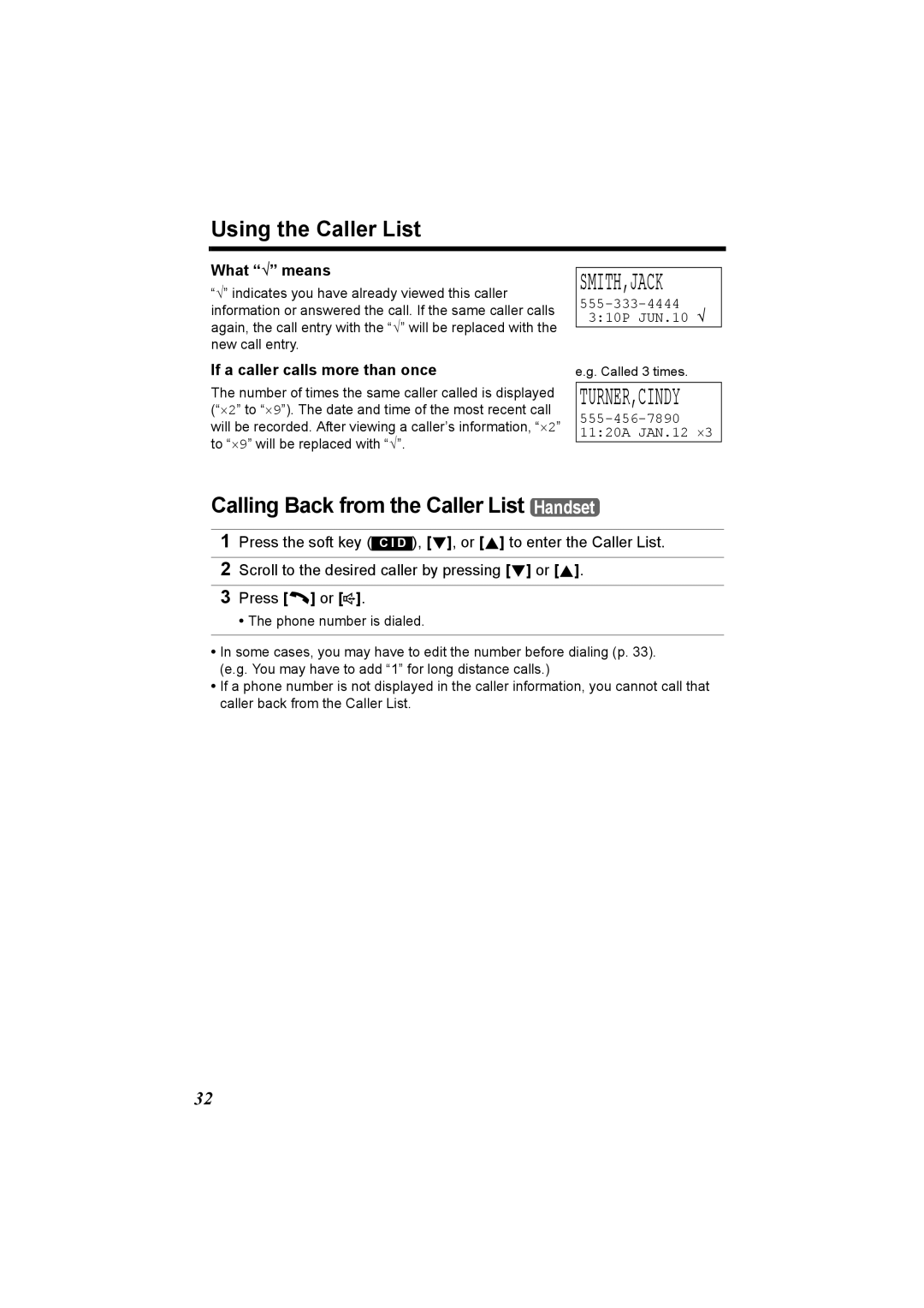 Panasonic KX-TG5230C operating instructions Using the Caller List, Calling Back from the Caller List Handset, What √ means 