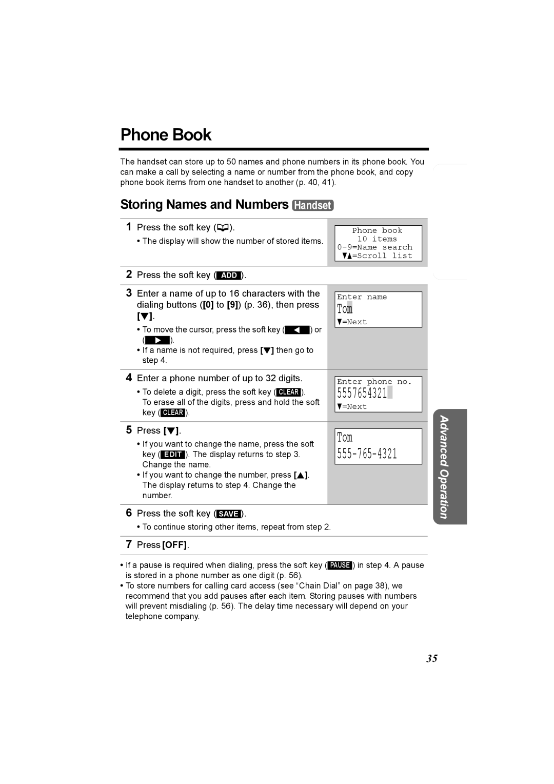 Panasonic KX-TG5230C operating instructions Phone Book, Tom, Storing Names and Numbers Handset 