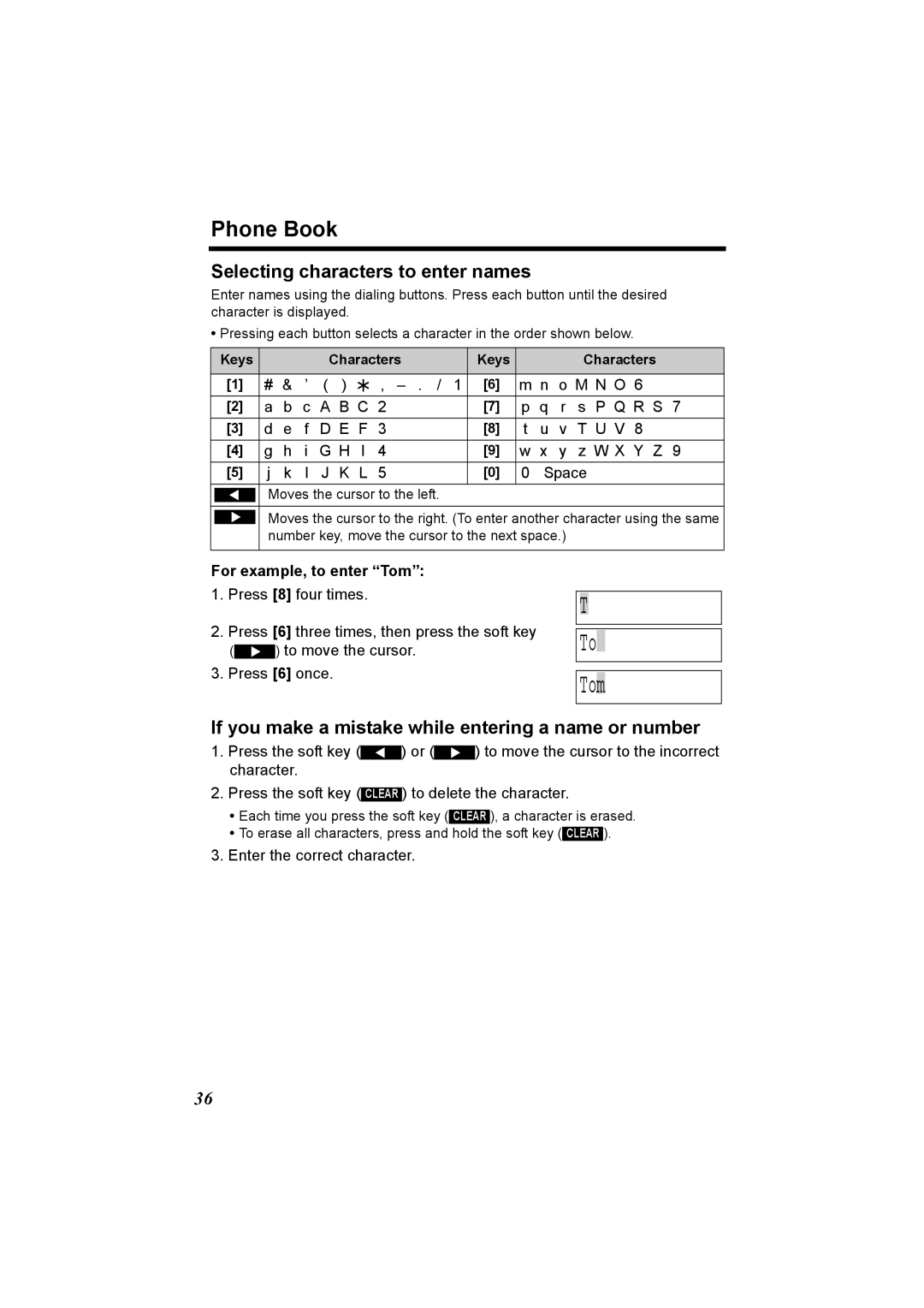 Panasonic KX-TG5230C operating instructions Phone Book, Selecting characters to enter names, For example, to enter Tom 