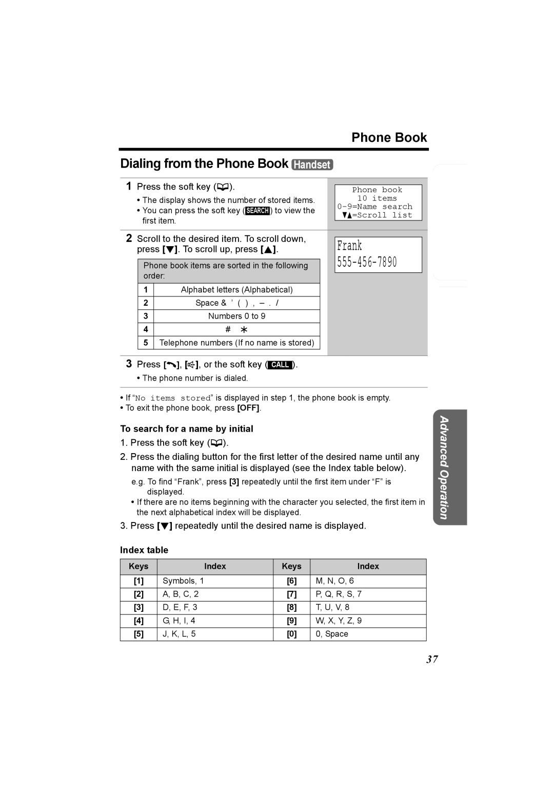 Panasonic KX-TG5230C operating instructions Frank, To search for a name by initial, Index table 