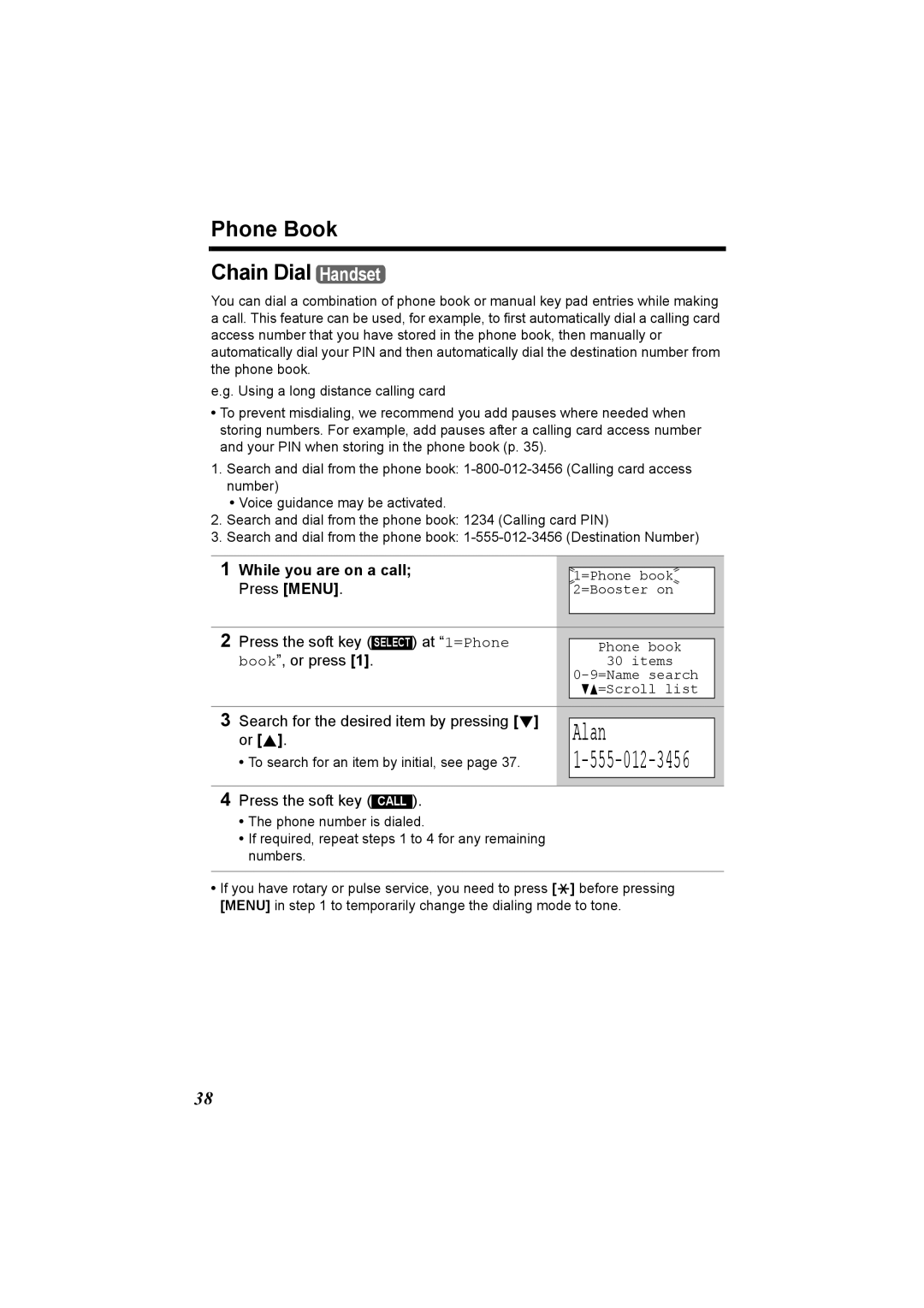 Panasonic KX-TG5230C operating instructions Alan, Phone Book Chain Dial Handset, While you are on a call Press Menu 