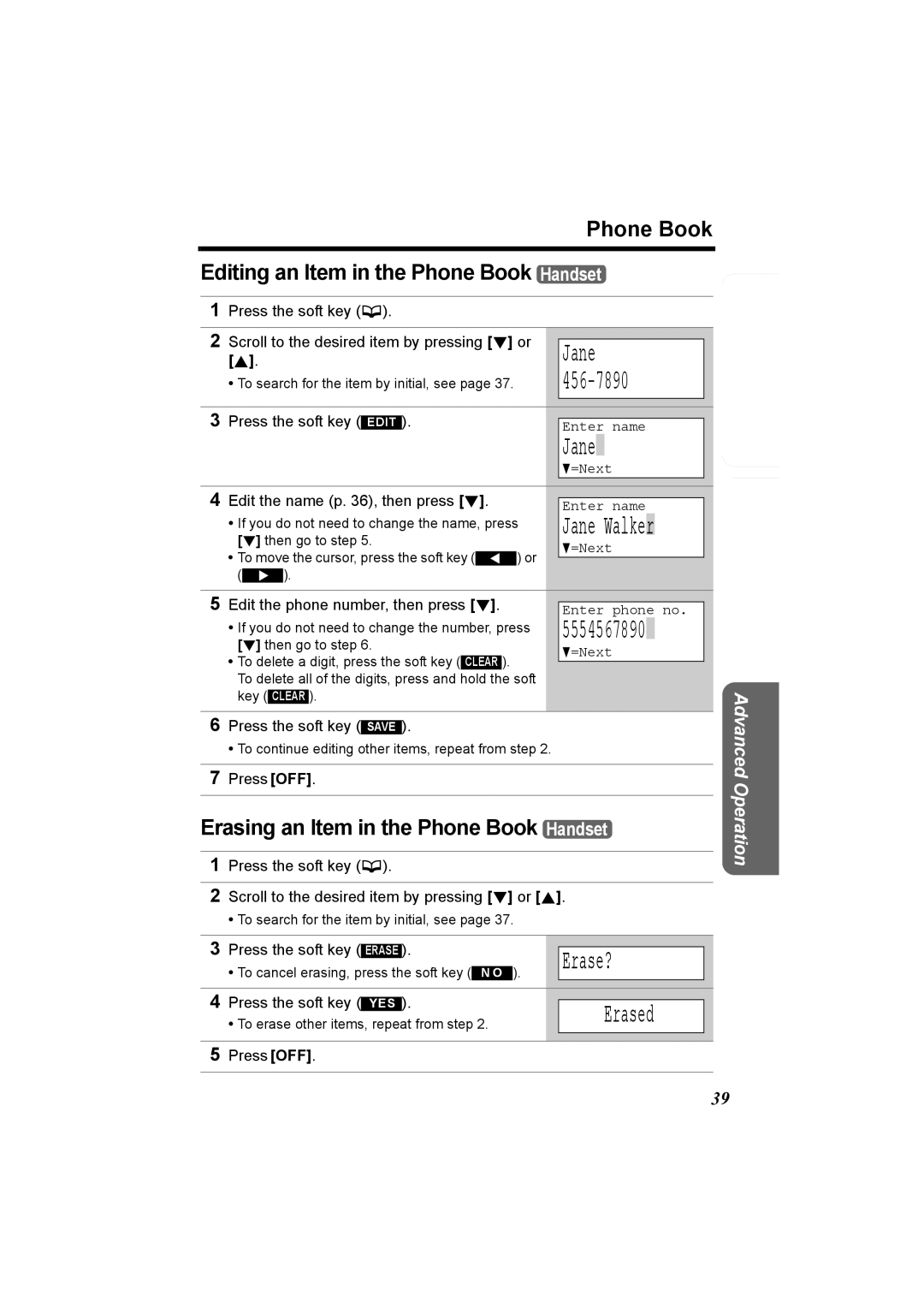 Panasonic KX-TG5230C operating instructions Jane, 456-7890, Erase?, Erased 