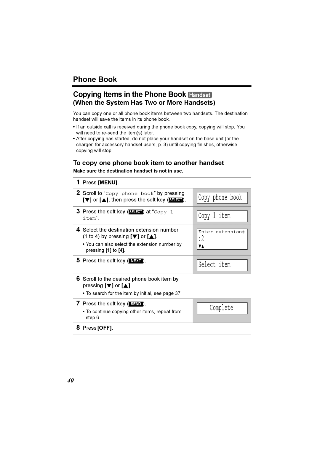 Panasonic KX-TG5230C operating instructions To copy one phone book item to another handset, Copy phone book 