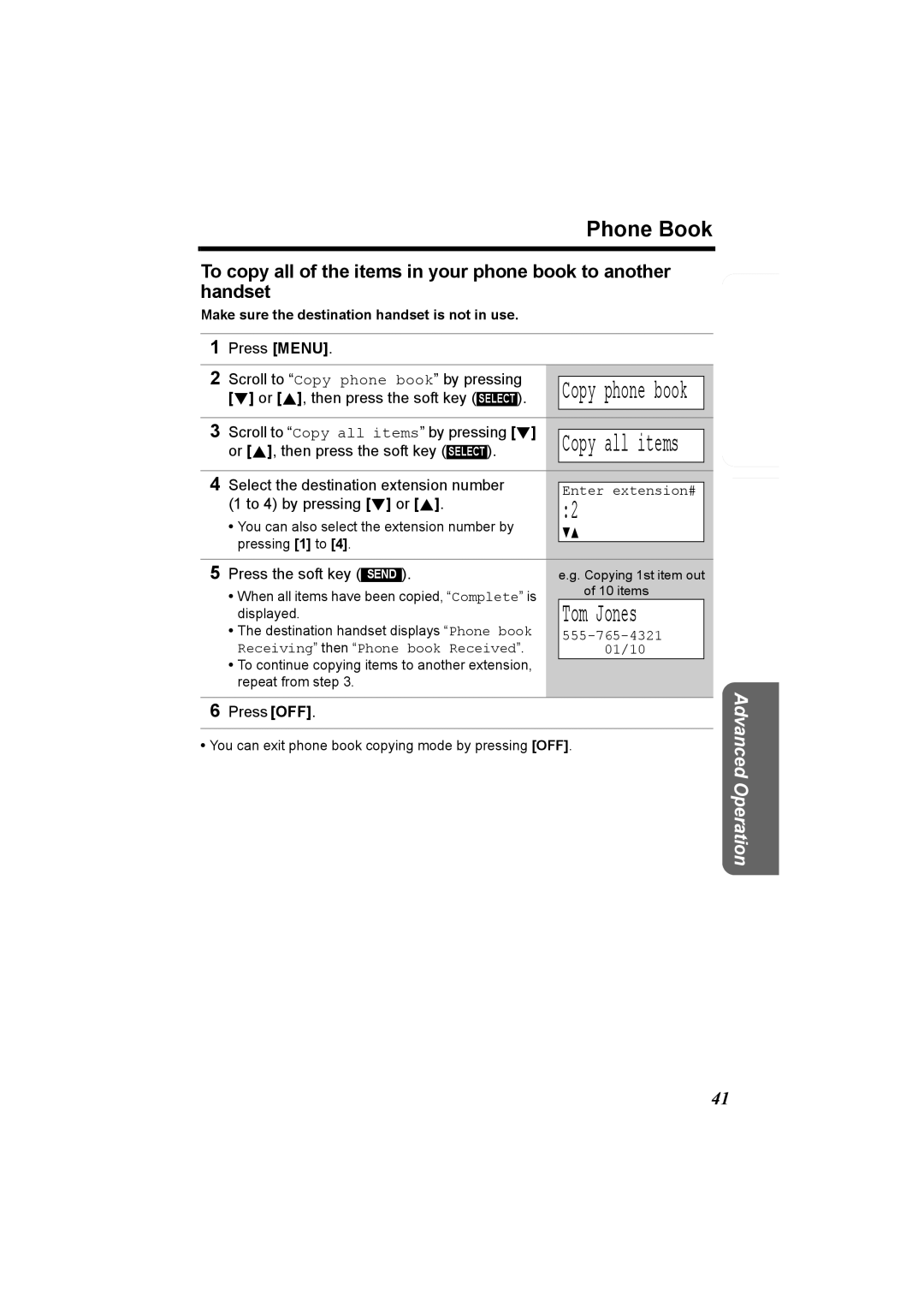 Panasonic KX-TG5230C Tom Jones, Scroll to Copy all items by pressing d, Receiving then Phone book Received 01/10 