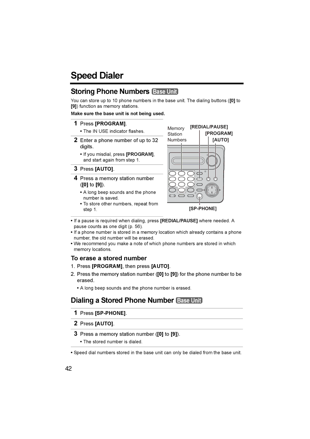 Panasonic KX-TG5230C Speed Dialer, Storing Phone Numbers Base Unit, Dialing a Stored Phone Number Base Unit, Press Program 