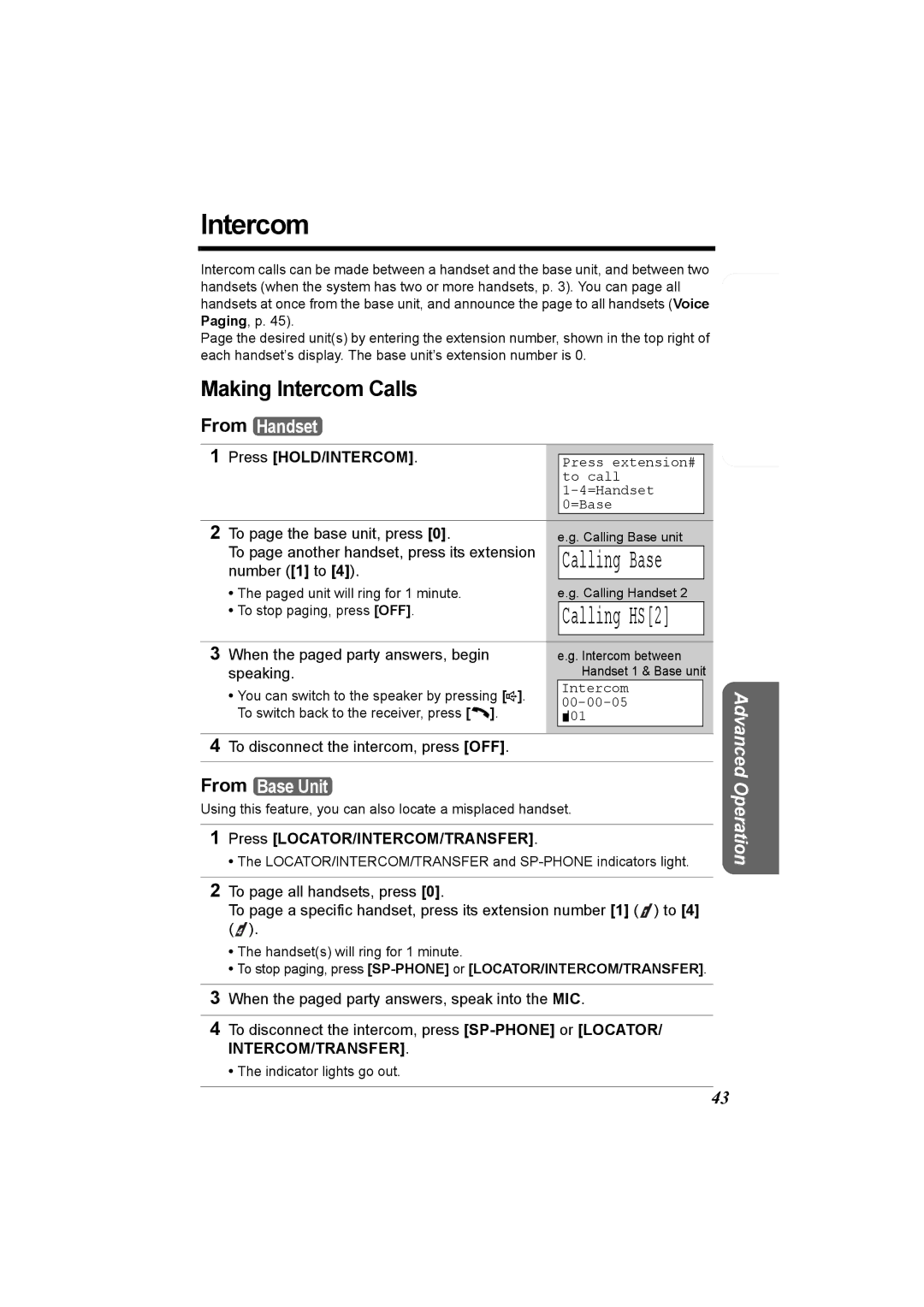 Panasonic KX-TG5230C operating instructions Making Intercom Calls, Press HOLD/INTERCOM, Press LOCATOR/INTERCOM/TRANSFER 