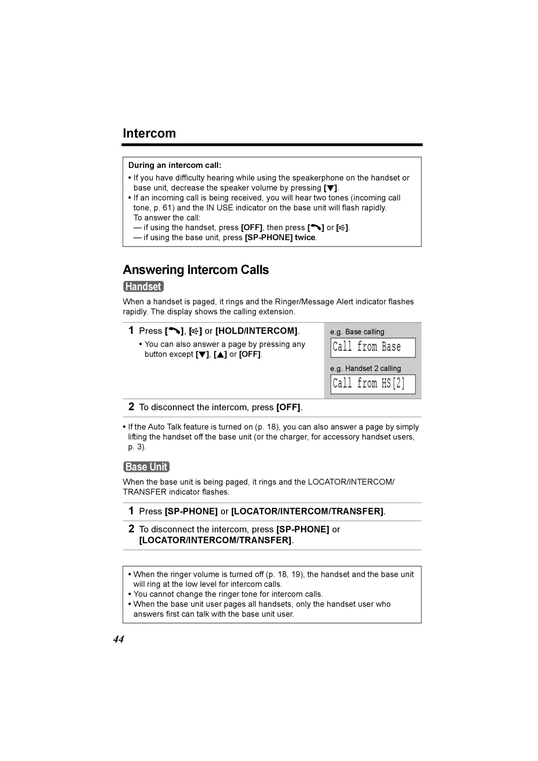 Panasonic KX-TG5230C operating instructions Answering Intercom Calls, Press C, s or HOLD/INTERCOM 