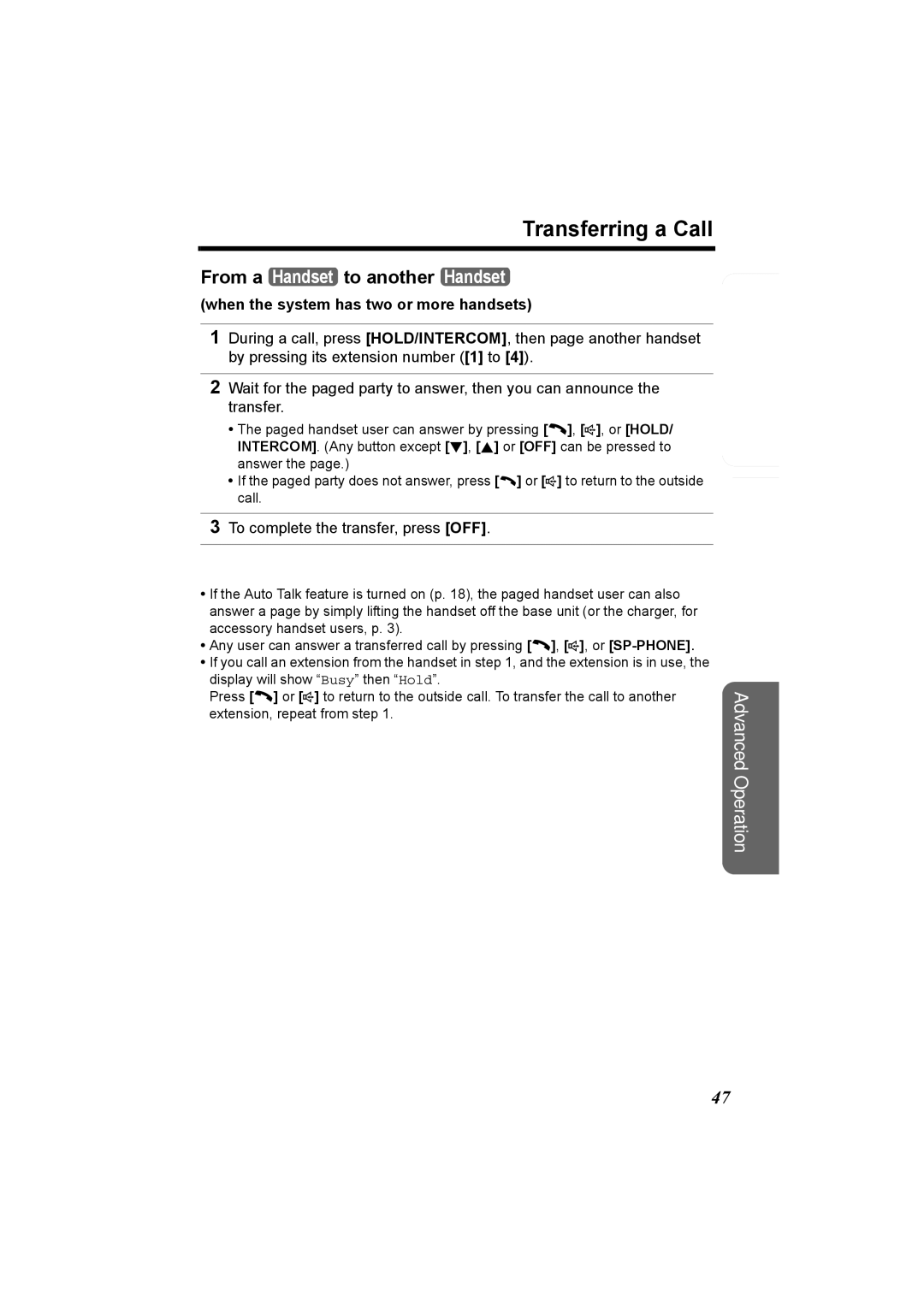 Panasonic KX-TG5230C Transferring a Call, From a Handset to another Handset, When the system has two or more handsets 