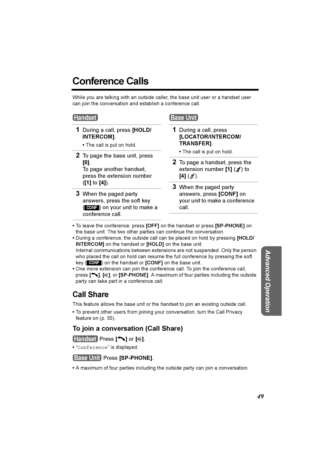 Panasonic KX-TG5230C operating instructions Conference Calls, To join a conversation Call Share 