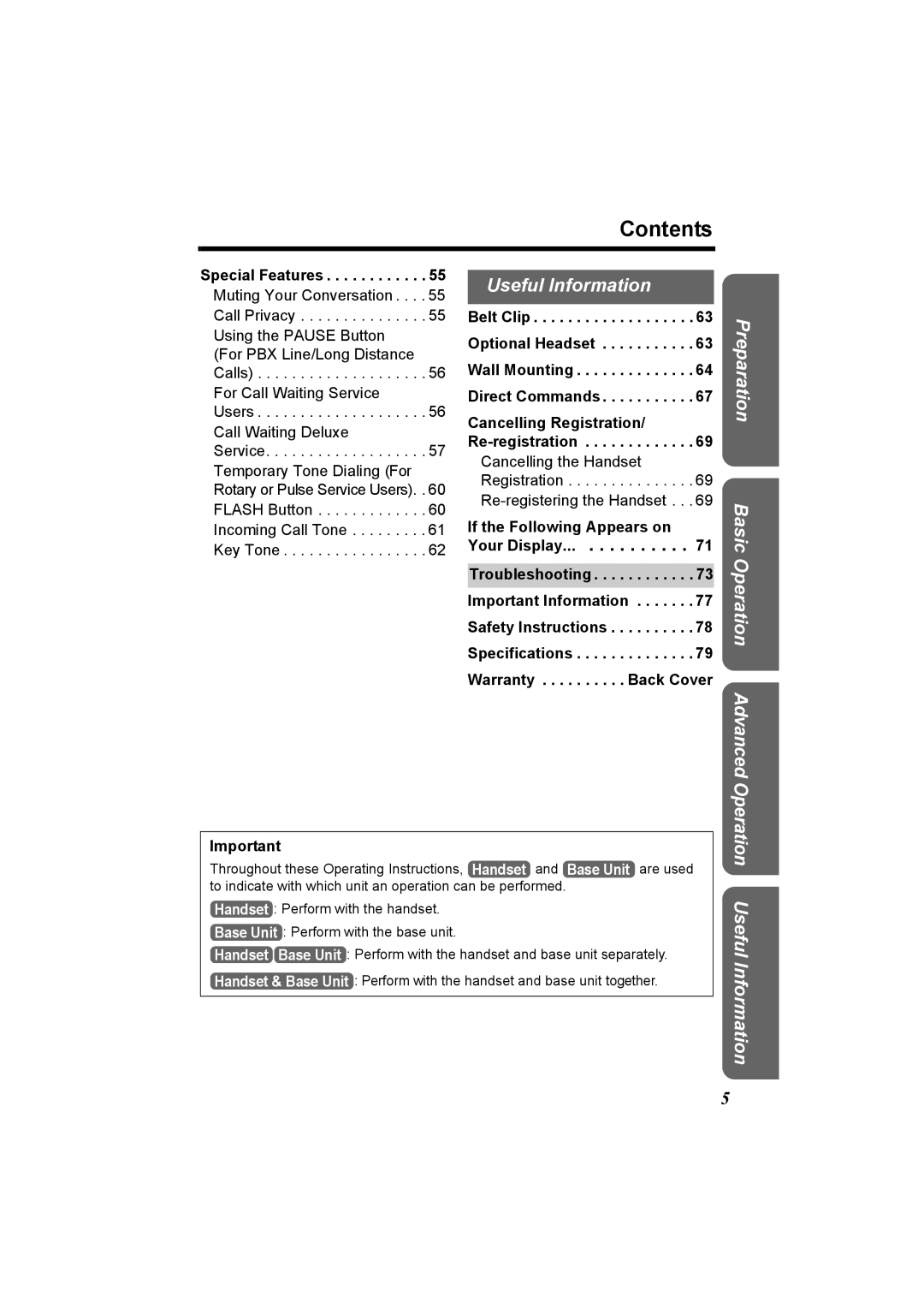 Panasonic KX-TG5230C operating instructions Contents 