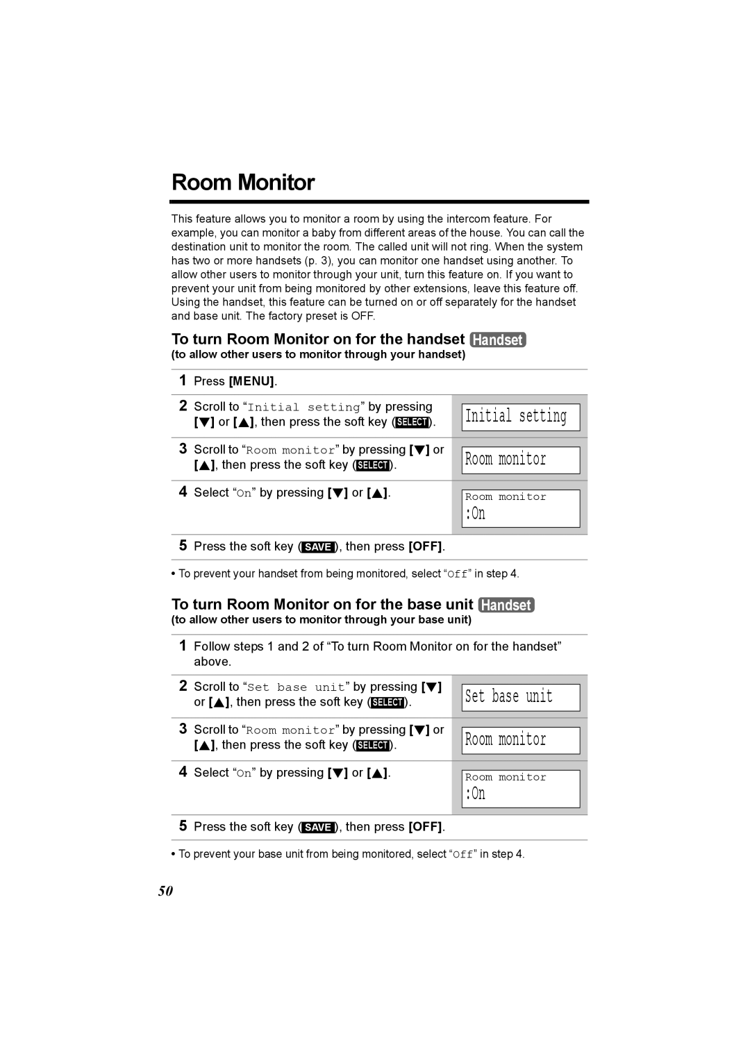 Panasonic KX-TG5230C To turn Room Monitor on for the handset Handset, Scroll to Room monitor by pressing d or 