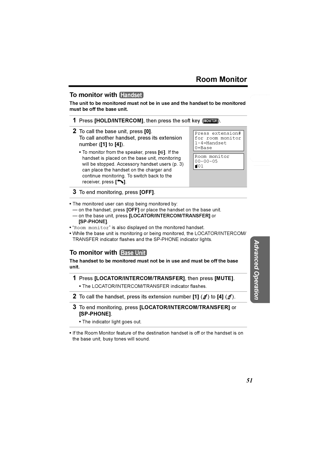 Panasonic KX-TG5230C Room Monitor, To monitor with Handset, To monitor with Base Unit, To end monitoring, press OFF 