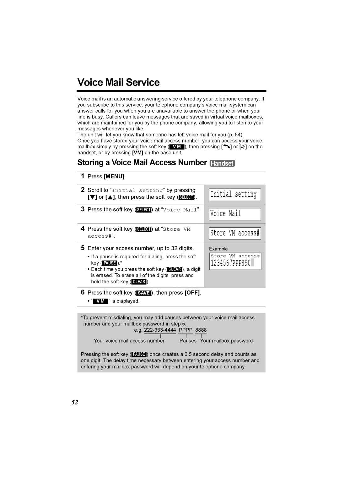 Panasonic KX-TG5230C operating instructions Voice Mail Service, Storing a Voice Mail Access Number Handset, 1234567PPP890 