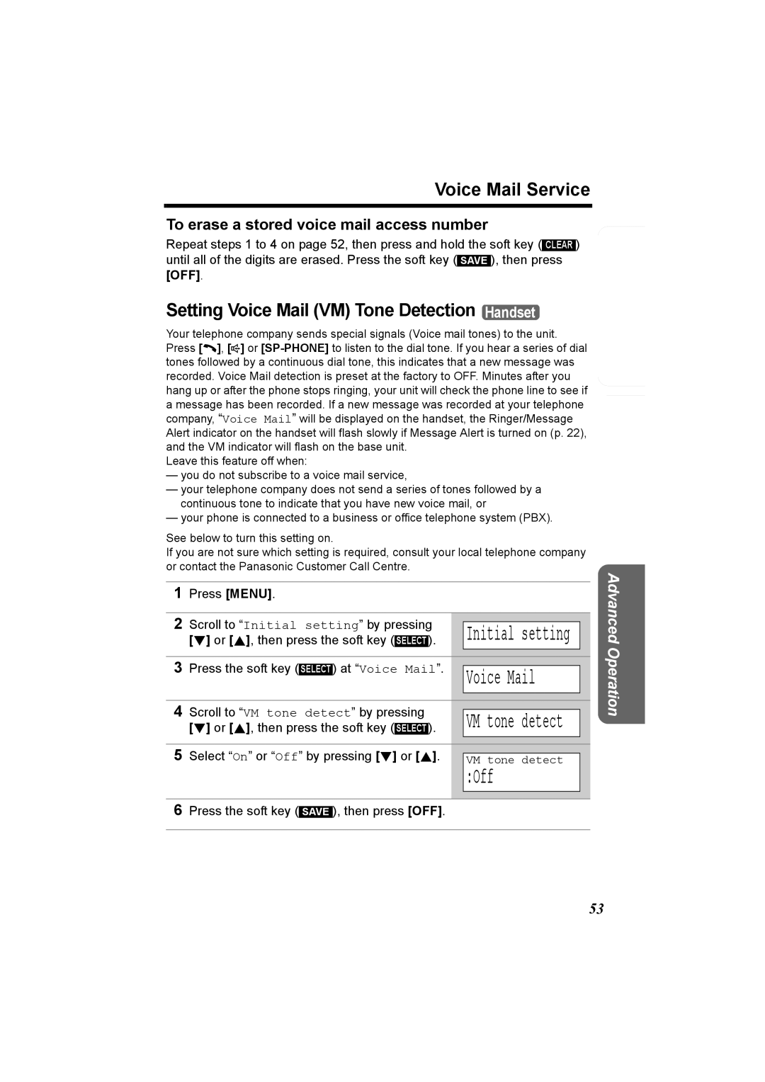 Panasonic KX-TG5230C Voice Mail Service, Setting Voice Mail VM Tone Detection Handset, Off, Or B , then press the soft key 