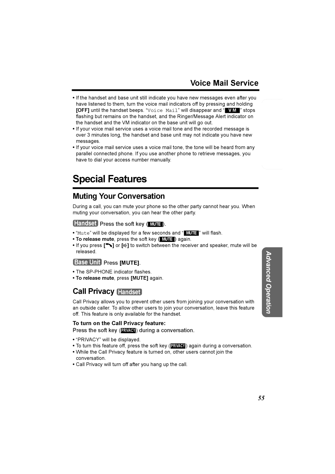 Panasonic KX-TG5230C Special Features, Muting Your Conversation, Call Privacy Handset, To turn on the Call Privacy feature 