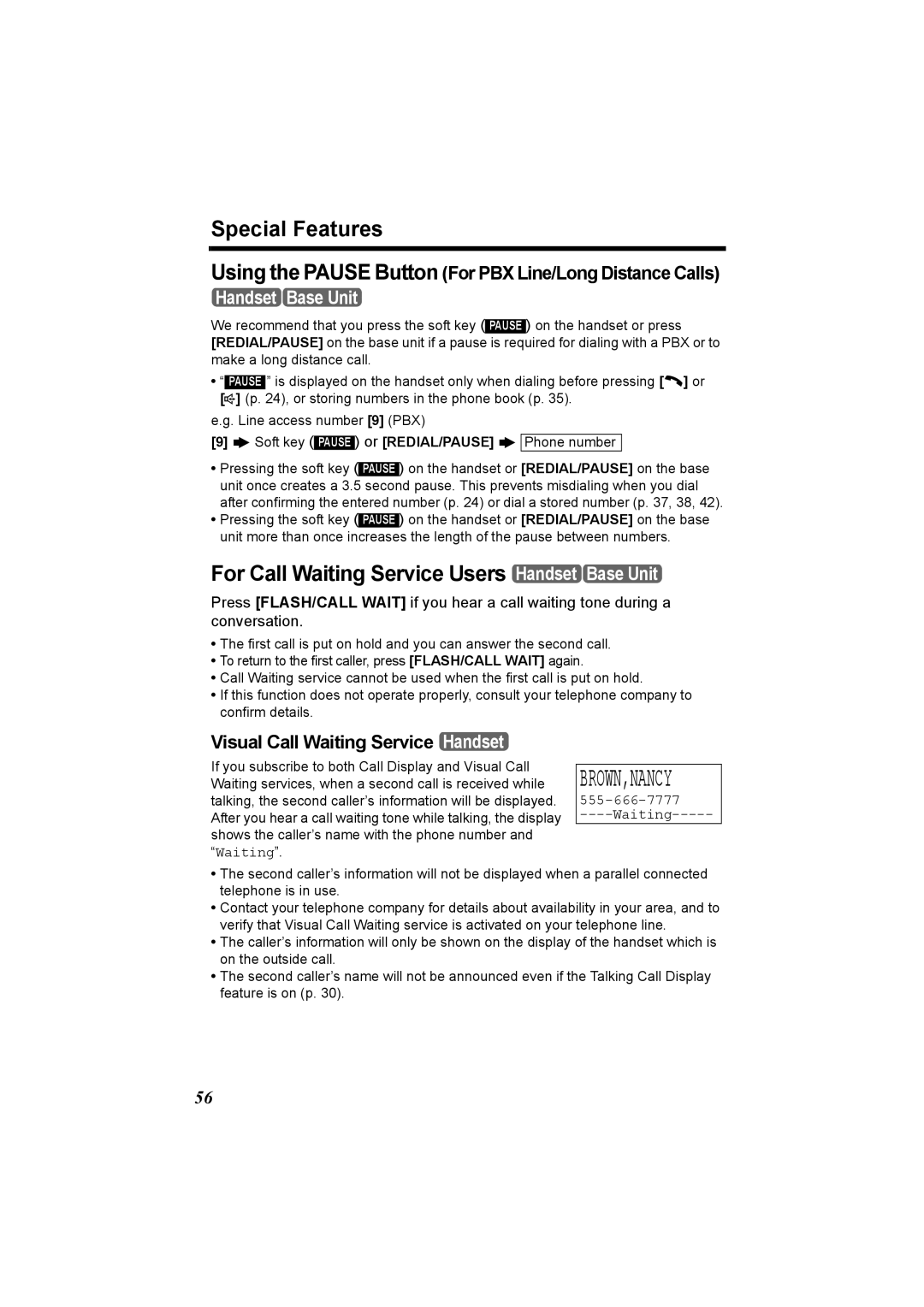 Panasonic KX-TG5230C operating instructions Special Features, For Call Waiting Service Users Handset Base Unit 