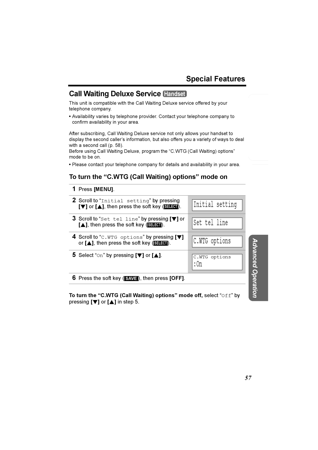 Panasonic KX-TG5230C Special Features Call Waiting Deluxe Service Handset, To turn the C.WTG Call Waiting options mode on 