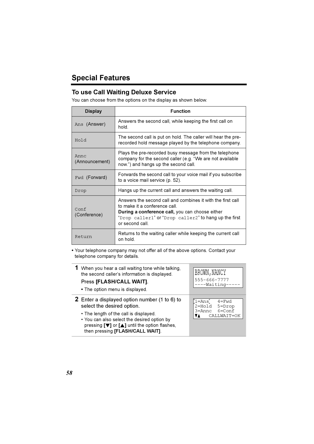 Panasonic KX-TG5230C operating instructions To use Call Waiting Deluxe Service, Press FLASH/CALL Wait, Display Function 