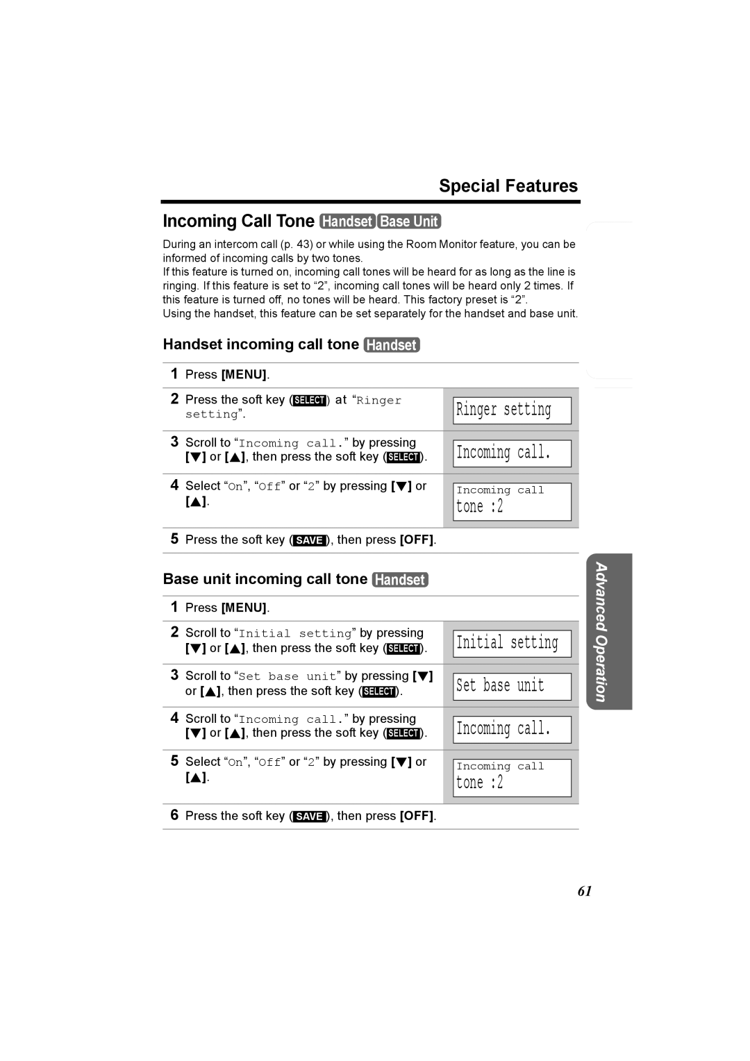 Panasonic KX-TG5230C Special Features Incoming Call Tone Handset Base Unit, Handset incoming call tone Handset 