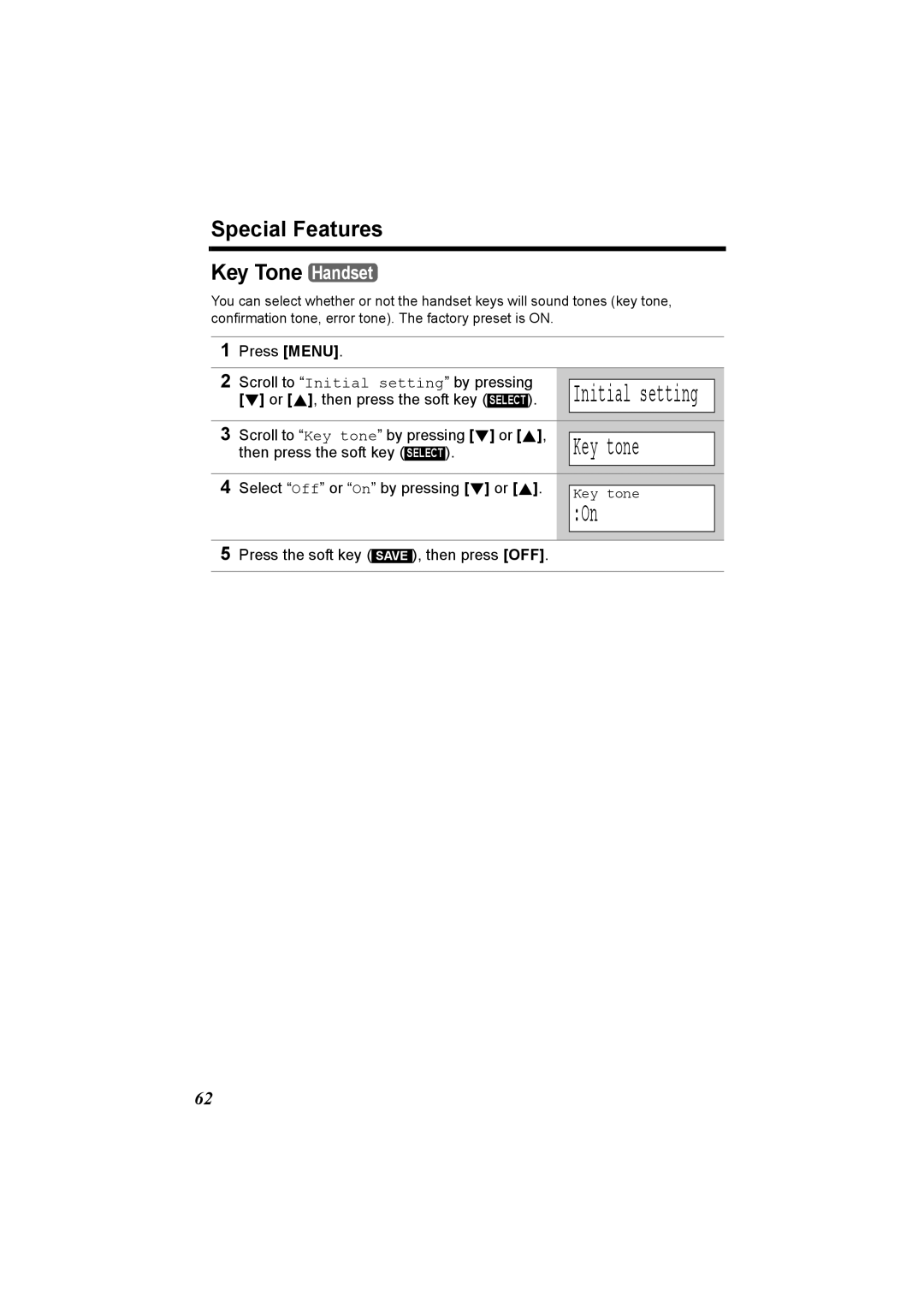 Panasonic KX-TG5230C operating instructions Special Features Key Tone Handset, Scroll to Key tone by pressing d or B 